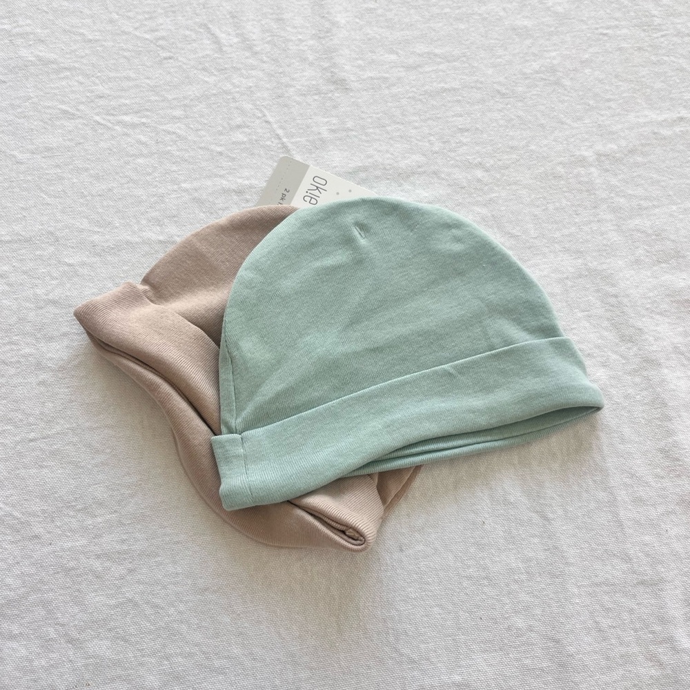 okie dokie Baby Knit Hat Set - Mint Green & Light Taupe